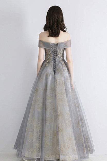 Gray tulle sequins long prom dress evening dress  10639