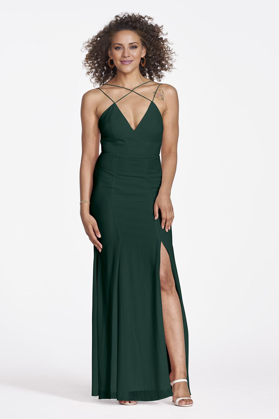V-neck sleeveless thin shoulder strap backless side slit and floor length evening dress