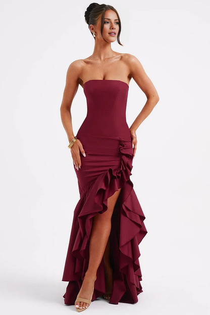 off shoulder collar off shoulder sleeveless strapless backless ruffle edge and floor length Prom dress