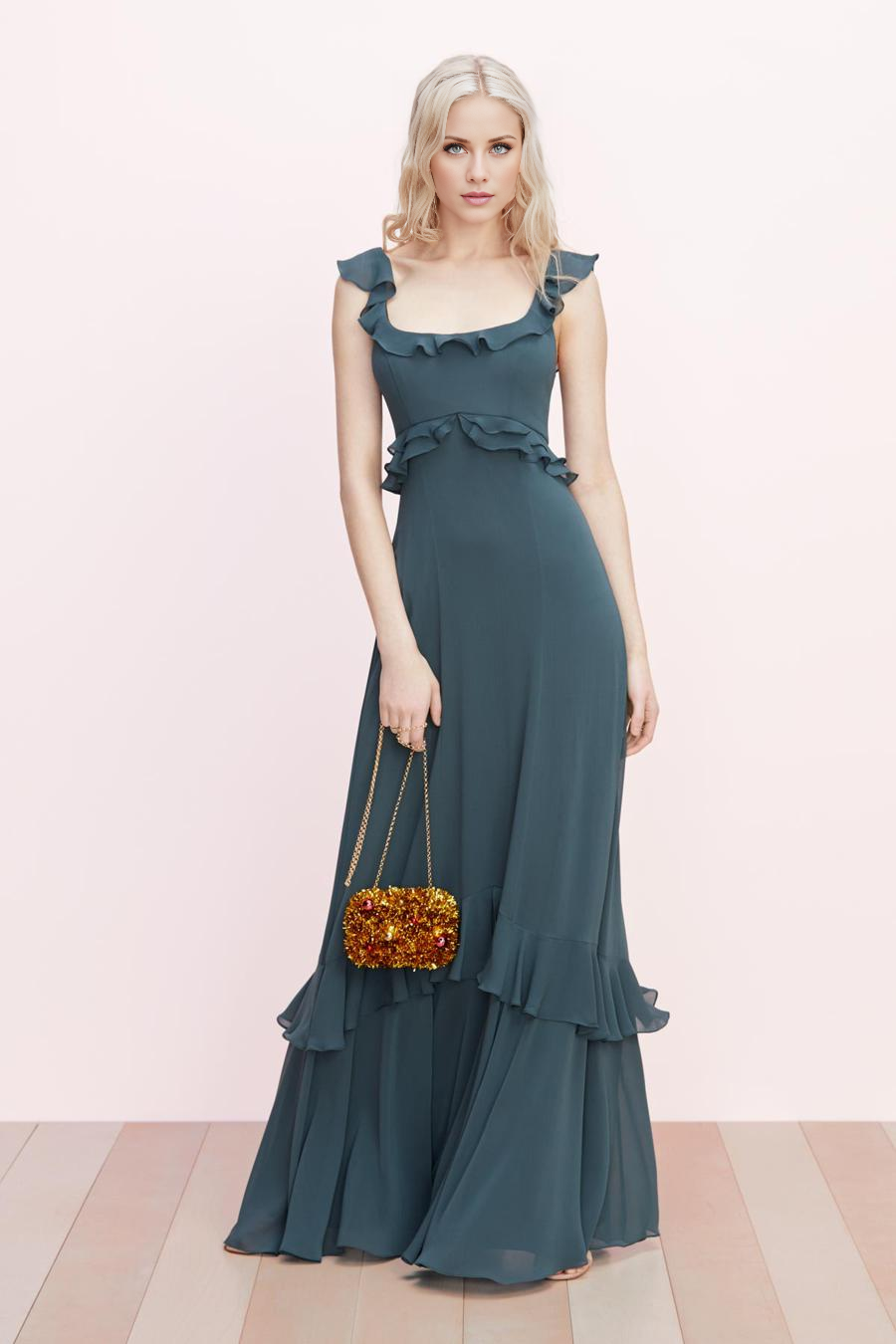 square neckline short sleeved backless ruffle edge and floor length evening dress