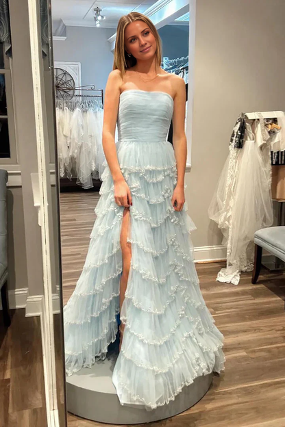 off shoulder light blue sequined layered A-line long dress