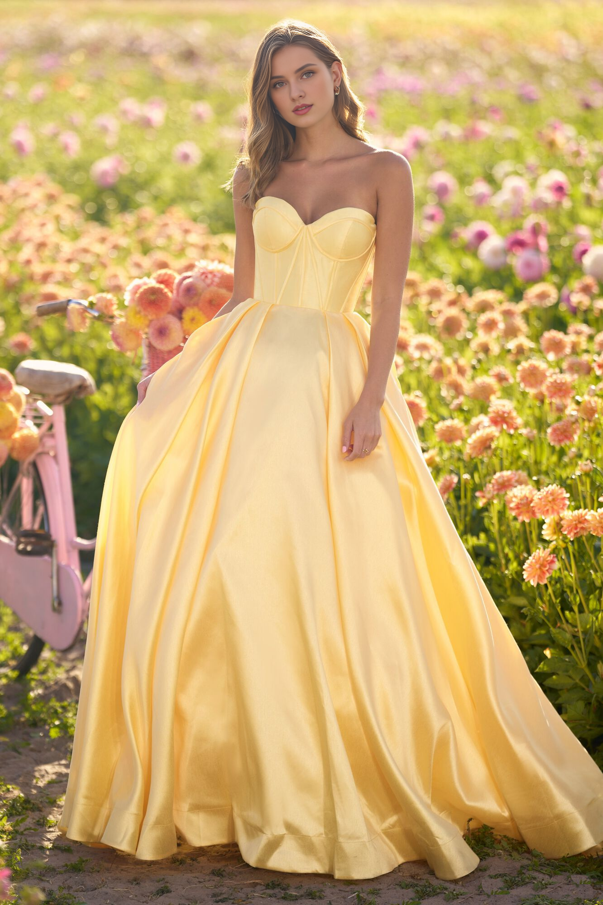 Strapless ball with tight corset and floor length Prom dress
