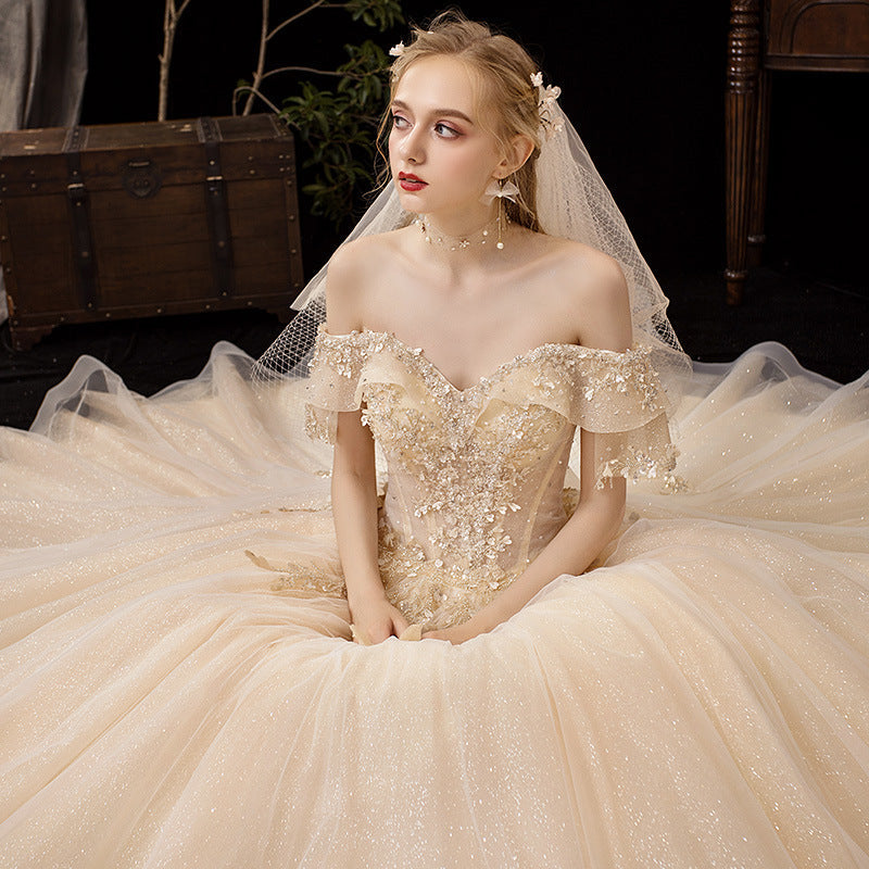 Champagne tulle sequins long prom dress evening gown  10250