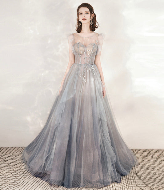 Cute tulle beads long prom dress A line formal dress  10547