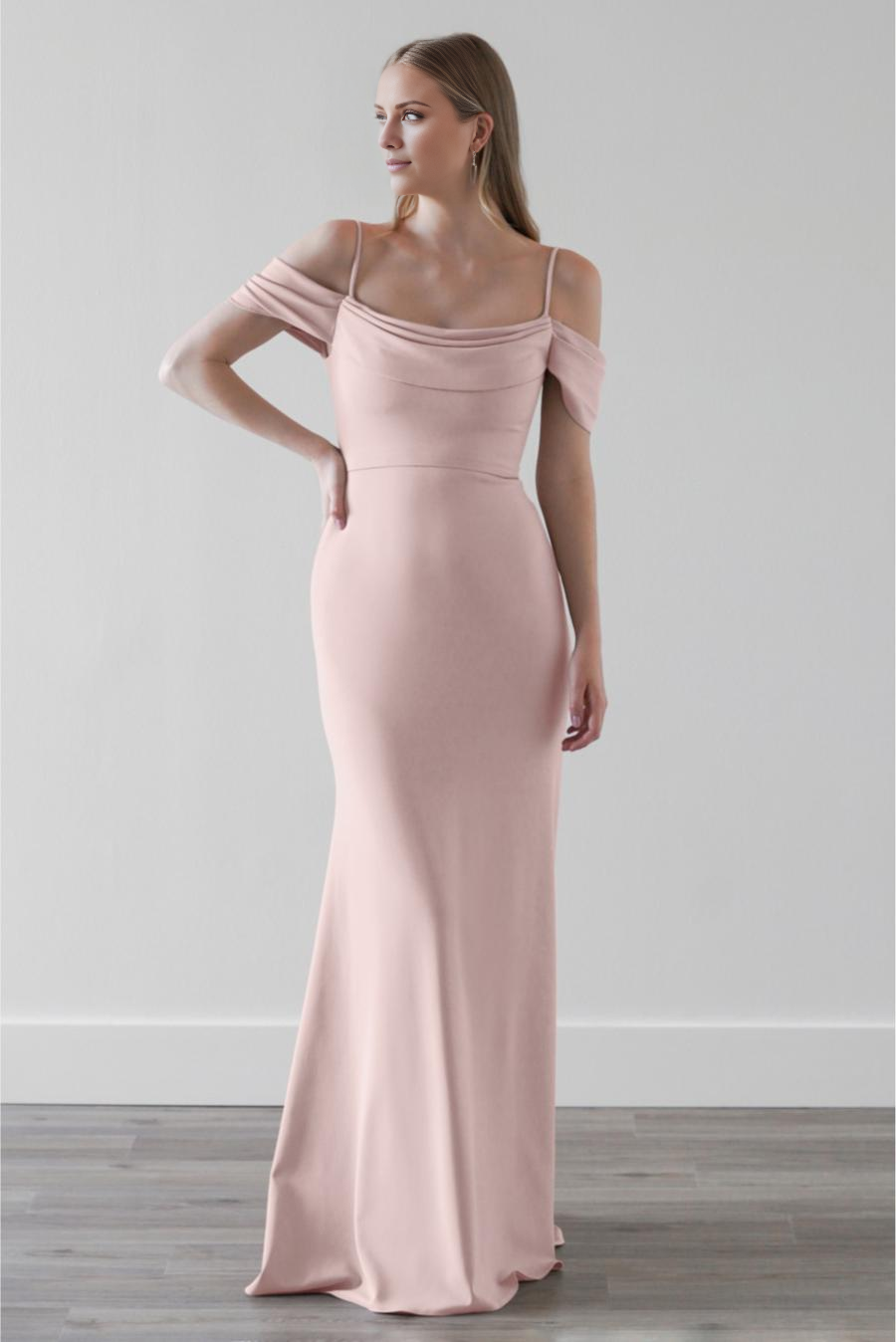 slim shoulder strap with exposed back zipper and floor length evening dress