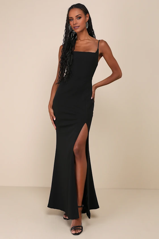 square neckline sleeveless thin shoulder strap backless side slit and floor length evening dress