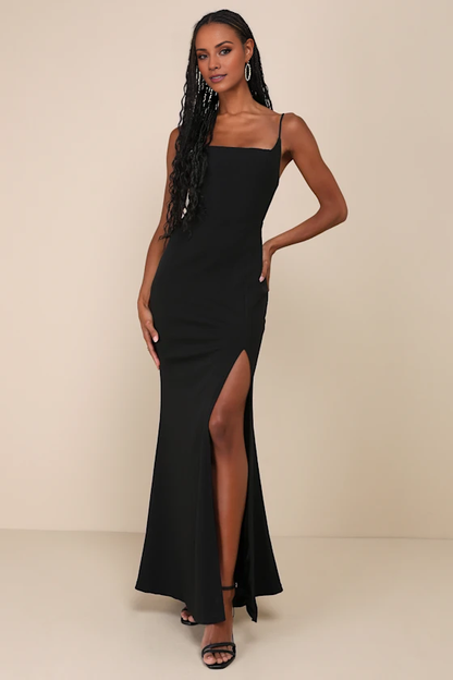 square neckline sleeveless thin shoulder strap backless side slit and floor length evening dress