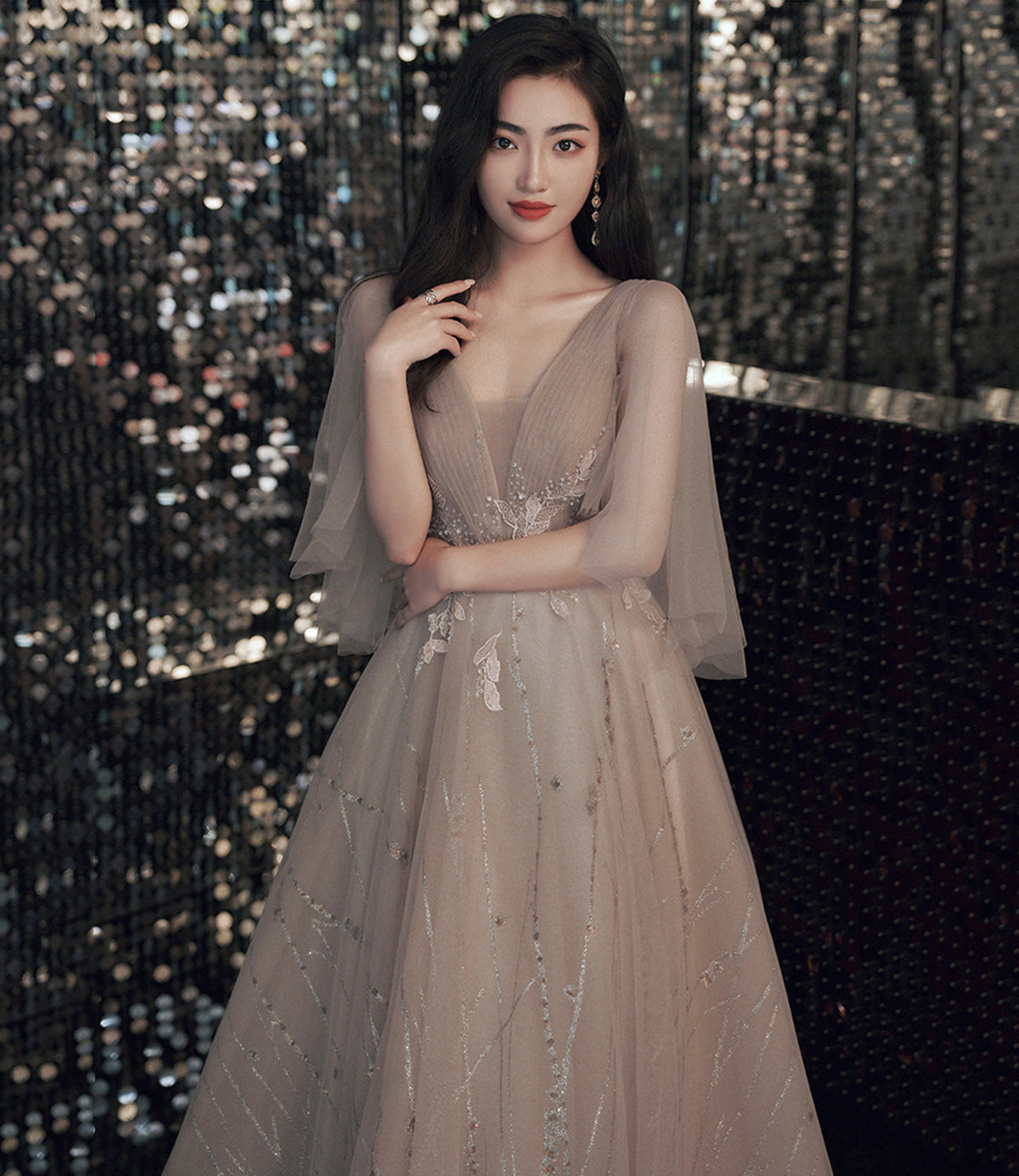 Champagne tulle lace long prom dress A line evening gown  10464