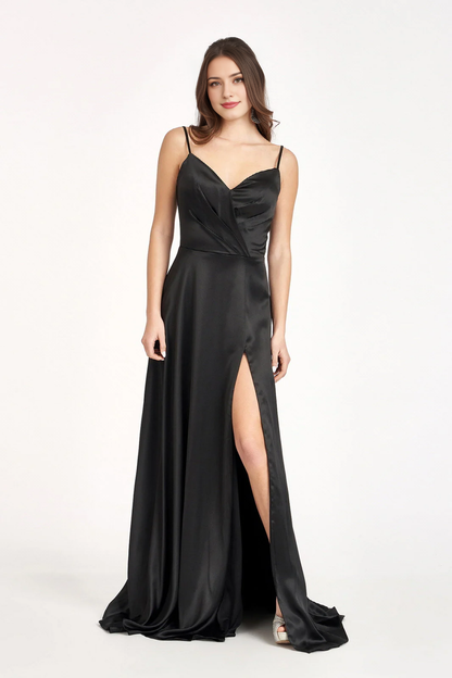 A-line slit skirt satin V-neck long dress