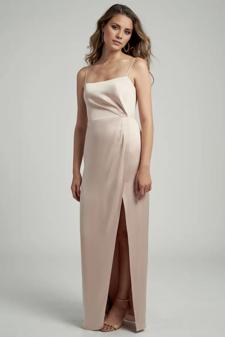 square neckline sleeveless thin shoulder strap backless side slit and floor length Prom dress