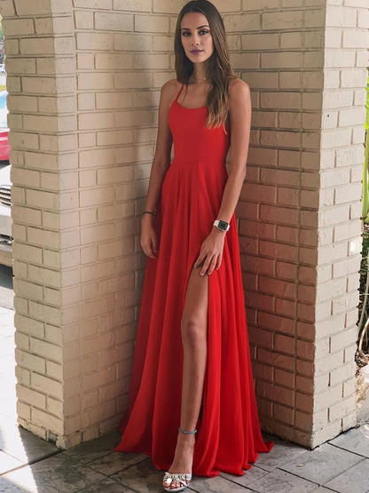 minimalist red A-line backless chiffon long Prom dress