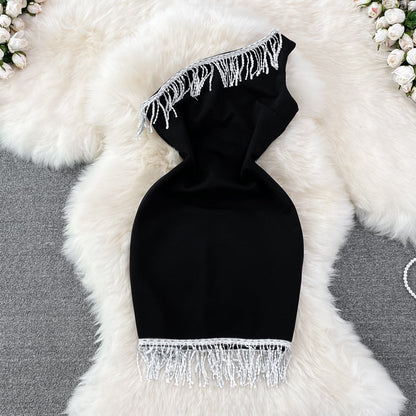 Sleeveless tassel diagonal neck Strapless Hip Wrap short dress  11002