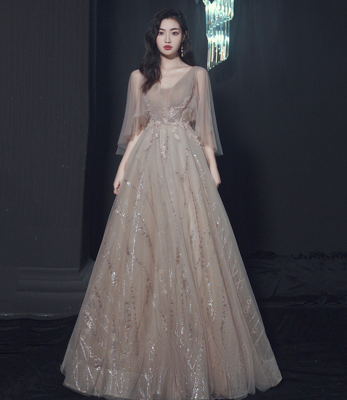Champagne tulle lace long prom dress A line evening gown  10464