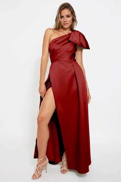 asymmetrical neckline sleeveless backless butterfly bow side slit and floor length evening dress