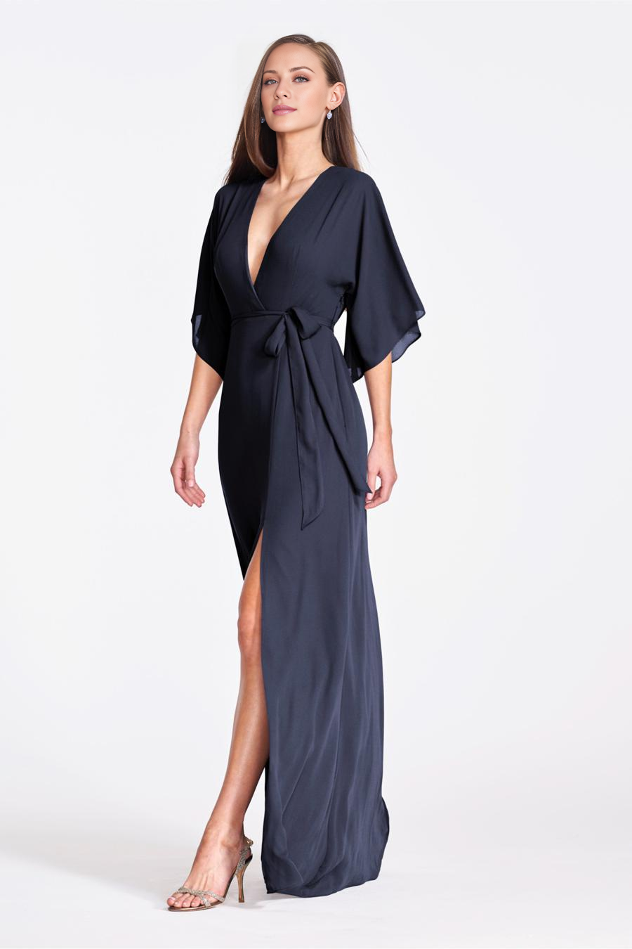 deep V-neck long sleeved side slit and floor length evening dress