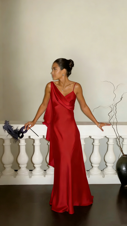 Classy V Neck Spaghetti Straps Dark Purple Satin Mermaid Long Wedding Guest Dress Formal Party Dress SP1537