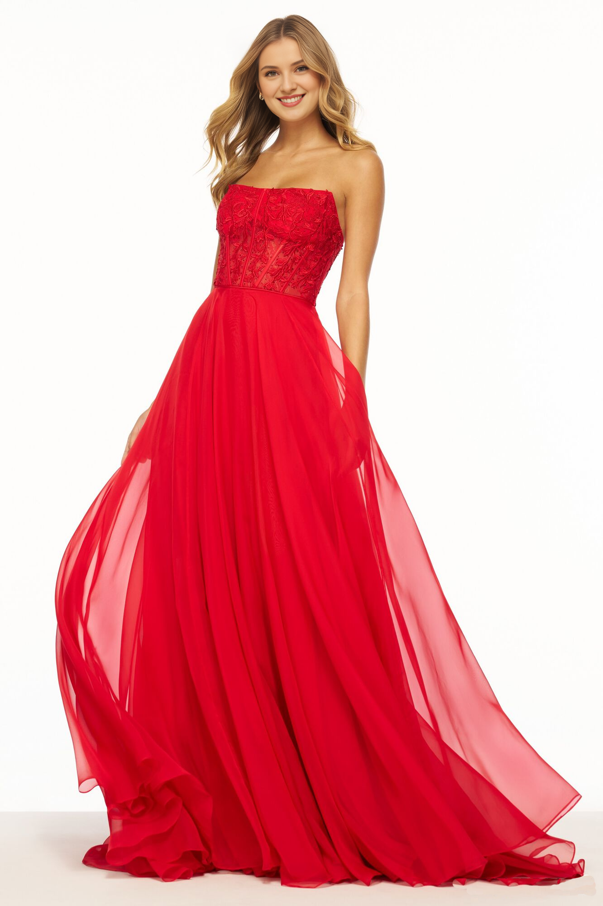 Strapless leaf lace tight corset chiffon and floor length Prom dress