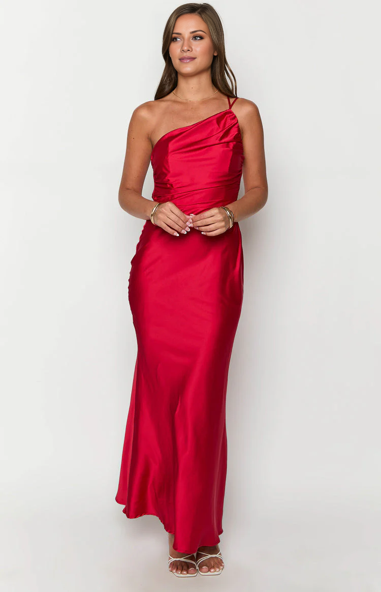 asymmetrical neckline backless satin side slit long Prom dress