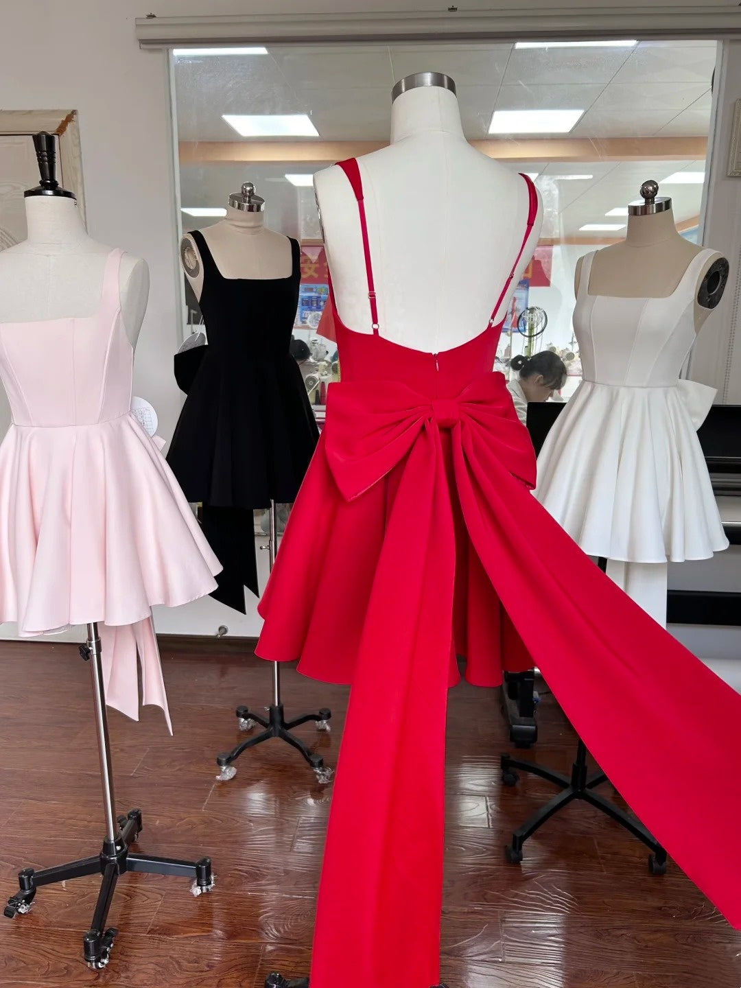 Pink, white, black, and red short satin back to school dress, birthday dress gh6798