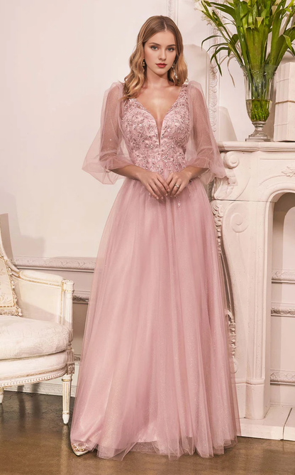 Deep V-neck tight corset lace applique mesh skirt body and floor length Prom dress