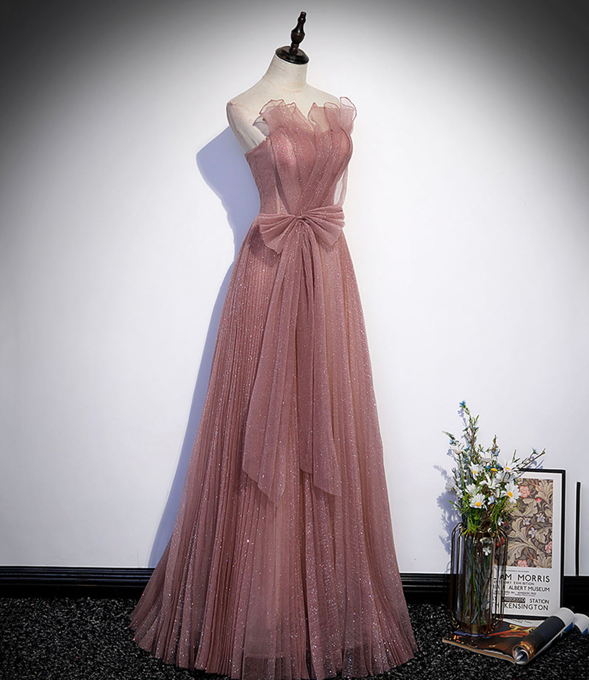 Pink tulle sequins long prom dress A line evening dress  10420