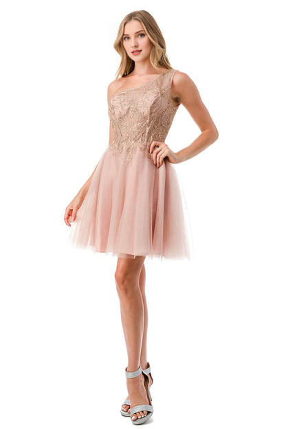 Beaded short one shoulder dress paired with A-line skirt