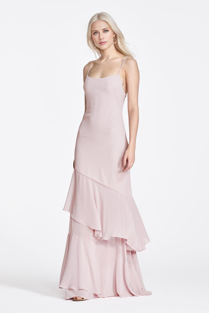 square neckline sleeveless thin shoulder strap backless and floor length evening dress