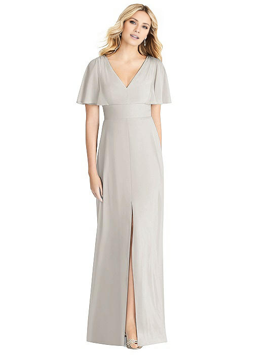 V-neck short sleeved slit and floor length evening dress