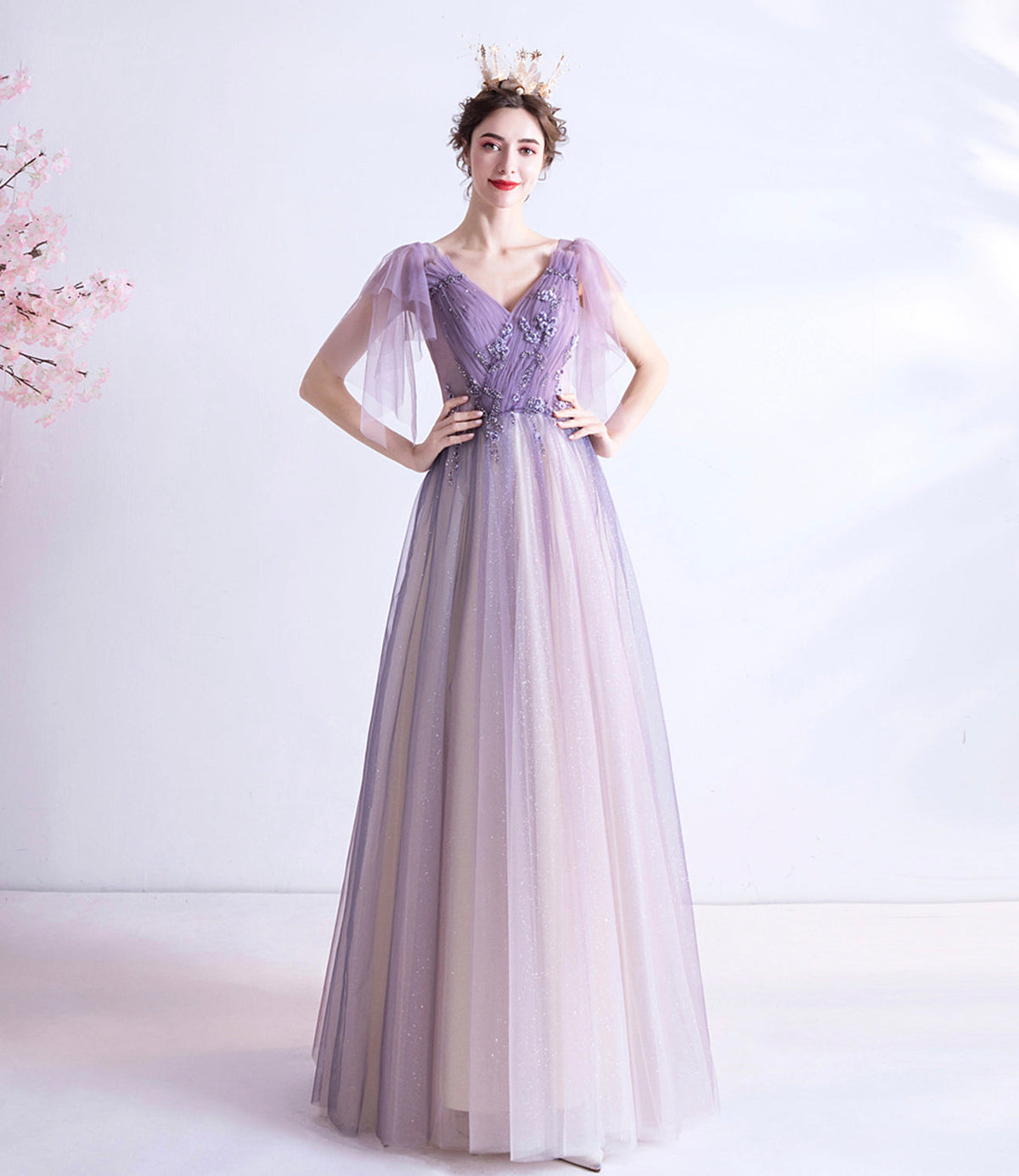 Purple v neck tulle long prom dress A line evening gown  10130