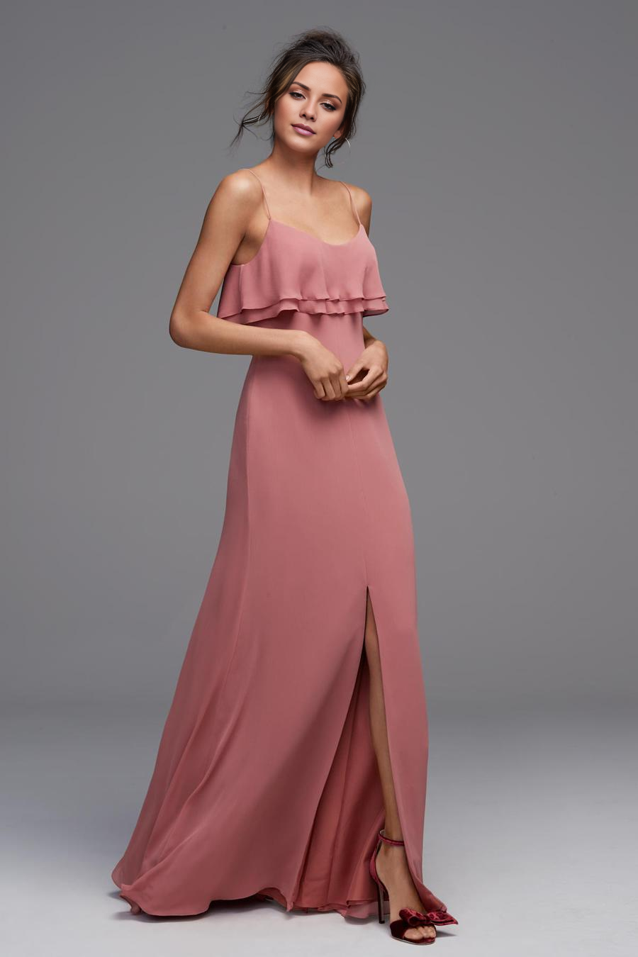 off shoulder collar sleeveless thin shoulder strap backless side slit and floor length evening dress