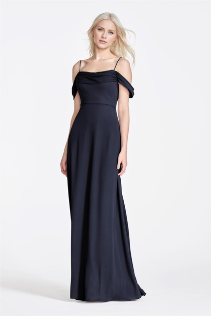 off shoulder collar sleeveless thin shoulder strap backless and floor length evening dress