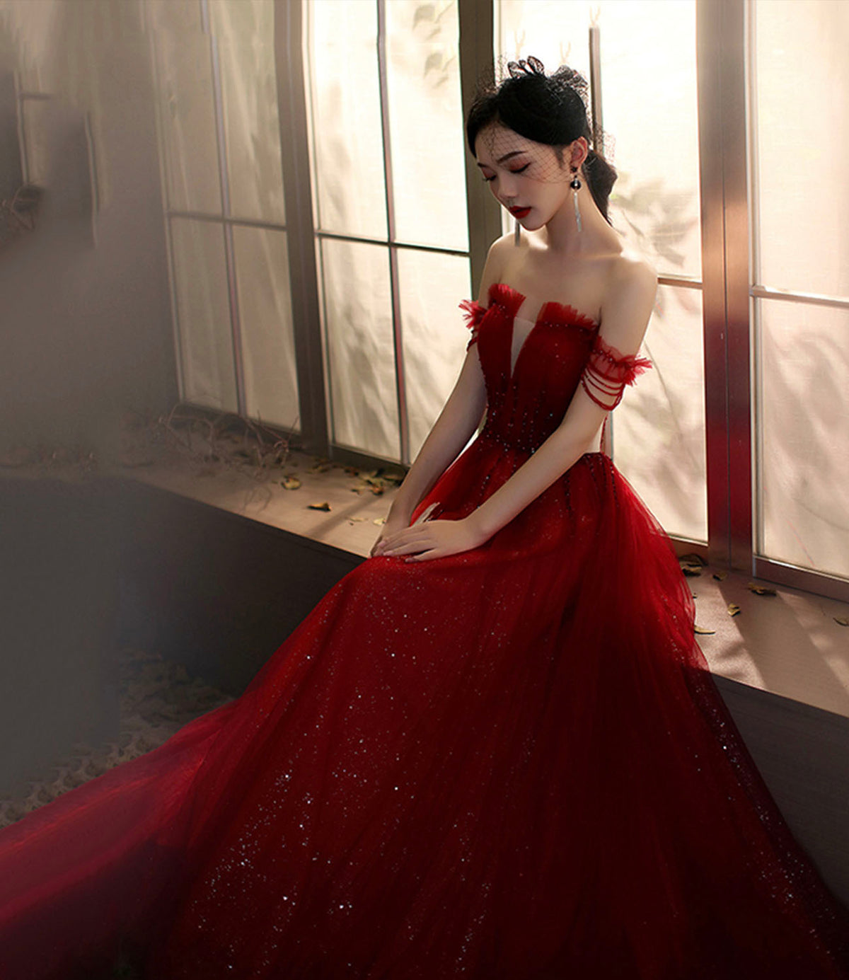 Red tulle sequins long prom dress evening gown  10276