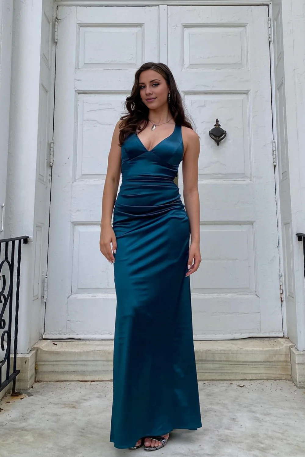 V-neck dark blue cross back long dress