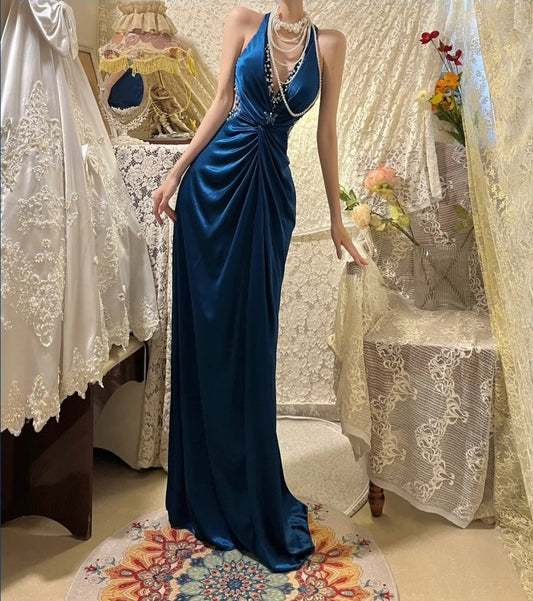 Blue Retro Elegant Fashion Long Satin Prom Dress Evening Gown Graduation Dress gh4257