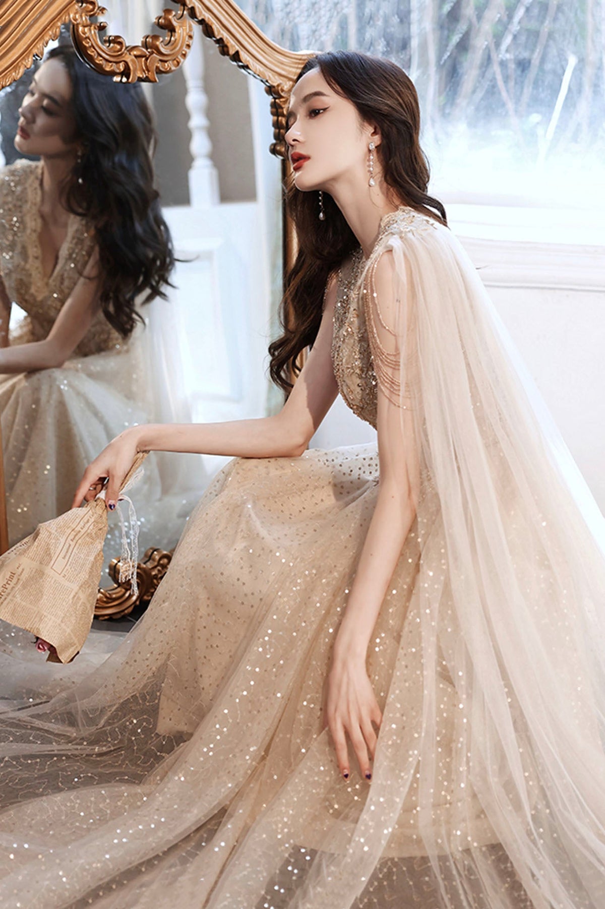 Champagne tulle sequins long prom dress evening dress  10605