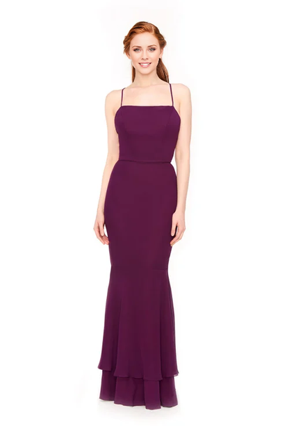 square neckline off shoulder sleeveless thin shoulder strap backless and floor length Prom dress