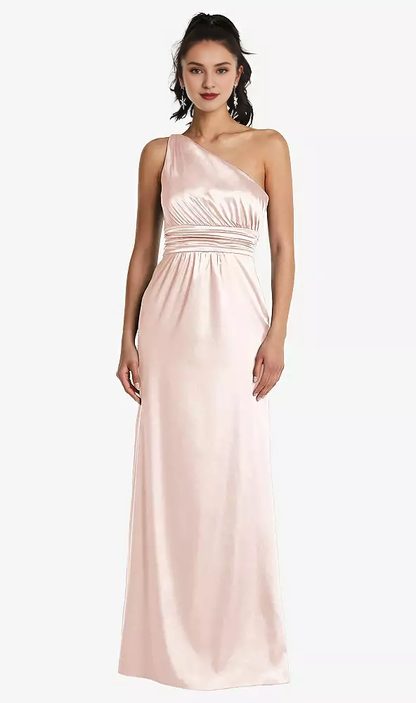One shoulder hanging satin and floor length Prom dress