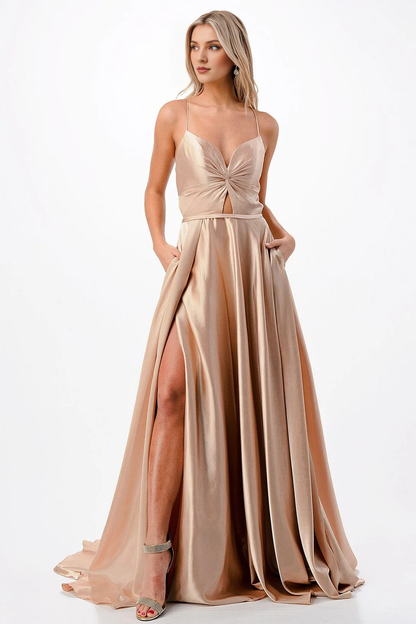 A-line slit skirt satin long sleeveless dress
