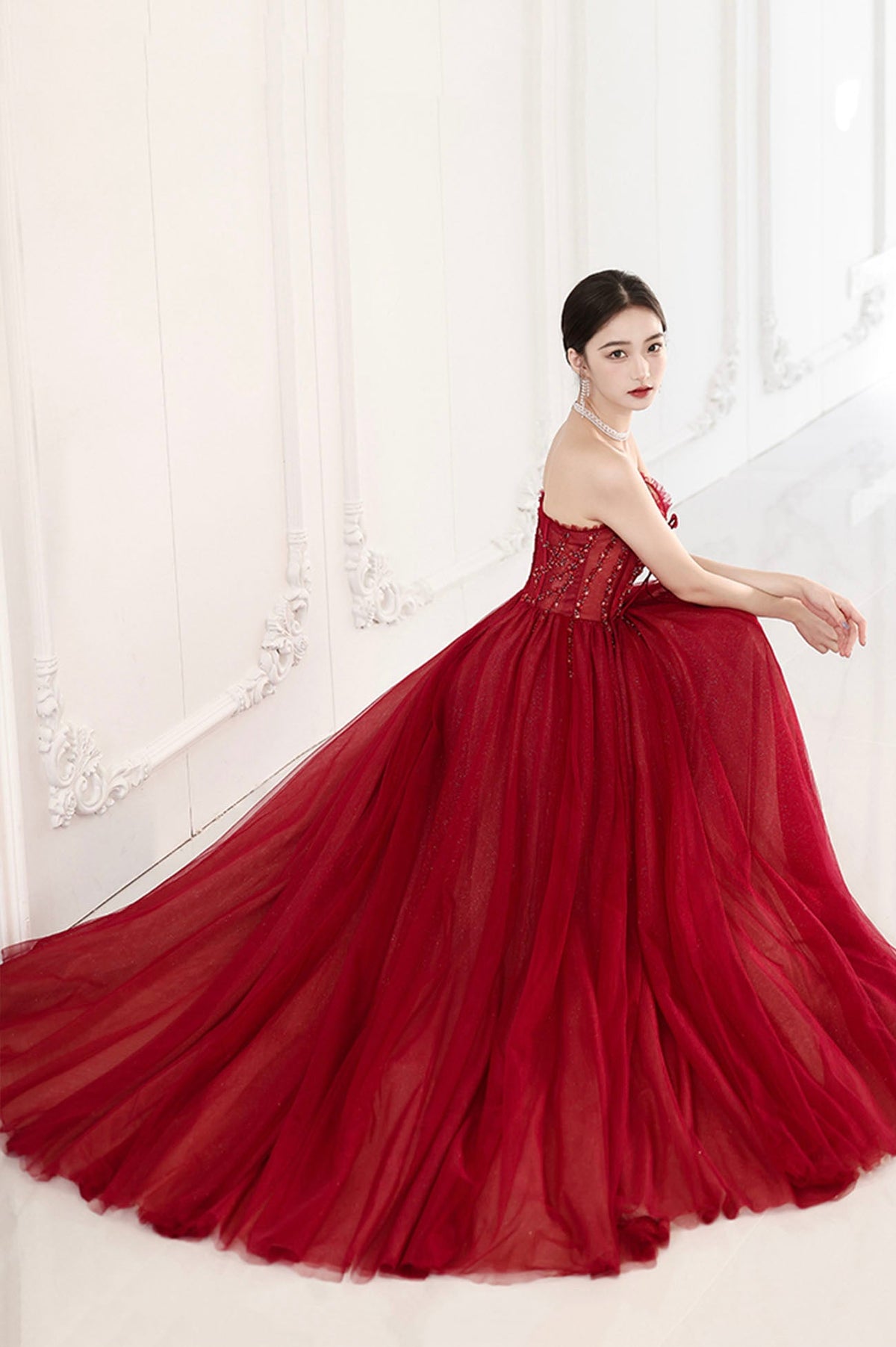 Burgundy tulle beads long prom dress evening dress  10604