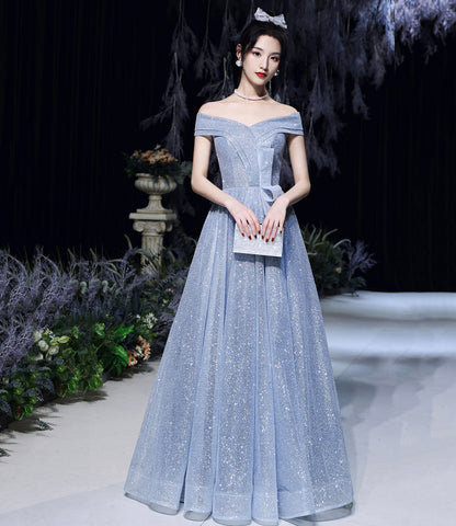 Blue tulle sequins long prom dress blue evening dress  10465