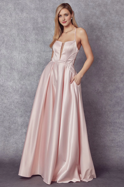Long sleeveless A-line skirt satin dress