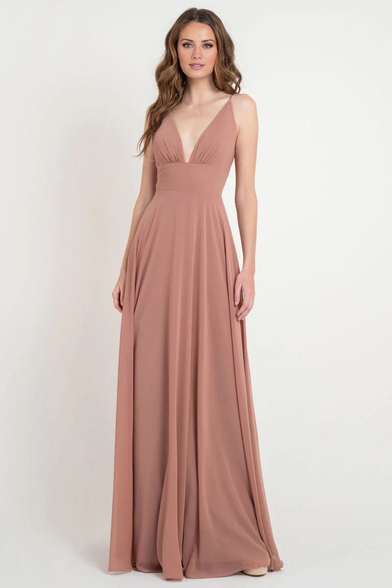 deep V-neck off shoulder sleeveless backless pleated and floor length Prom dress
