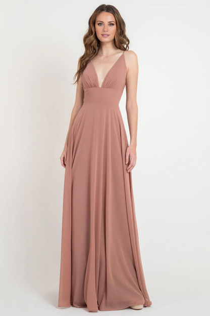 deep V-neck off shoulder sleeveless backless pleated and floor length Prom dress