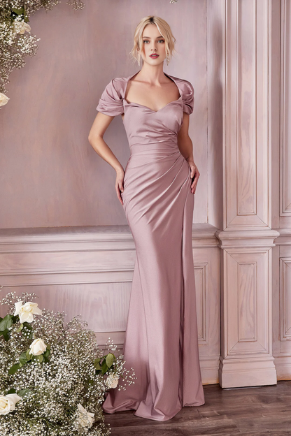 Fitted slit skirt, long short sleeved satin dress