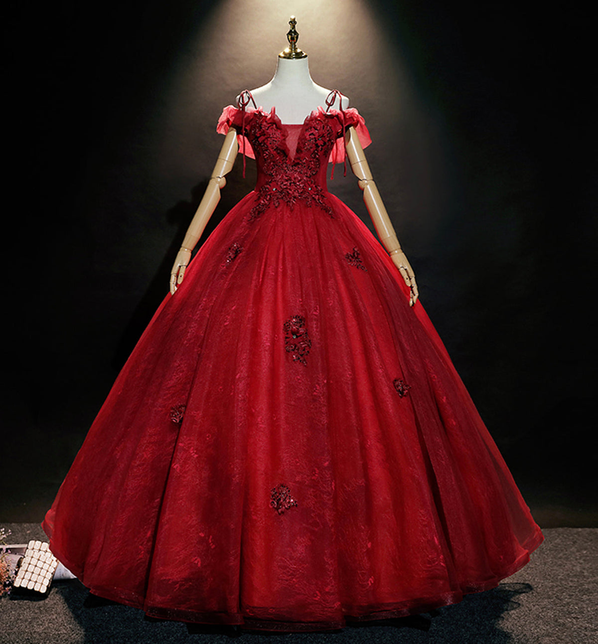 Burgundy lace long ball gown dress formal dress  8618