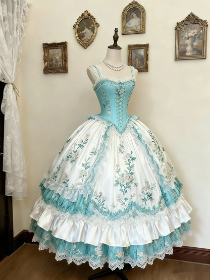 Green and White Rose Rococo Palace Dress gh6781
