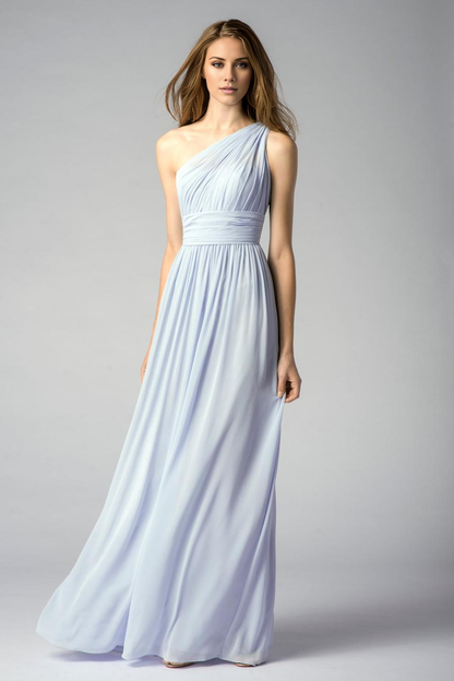 asymmetrical collar off shoulder sleeveless backless pleated and floor length evening dress