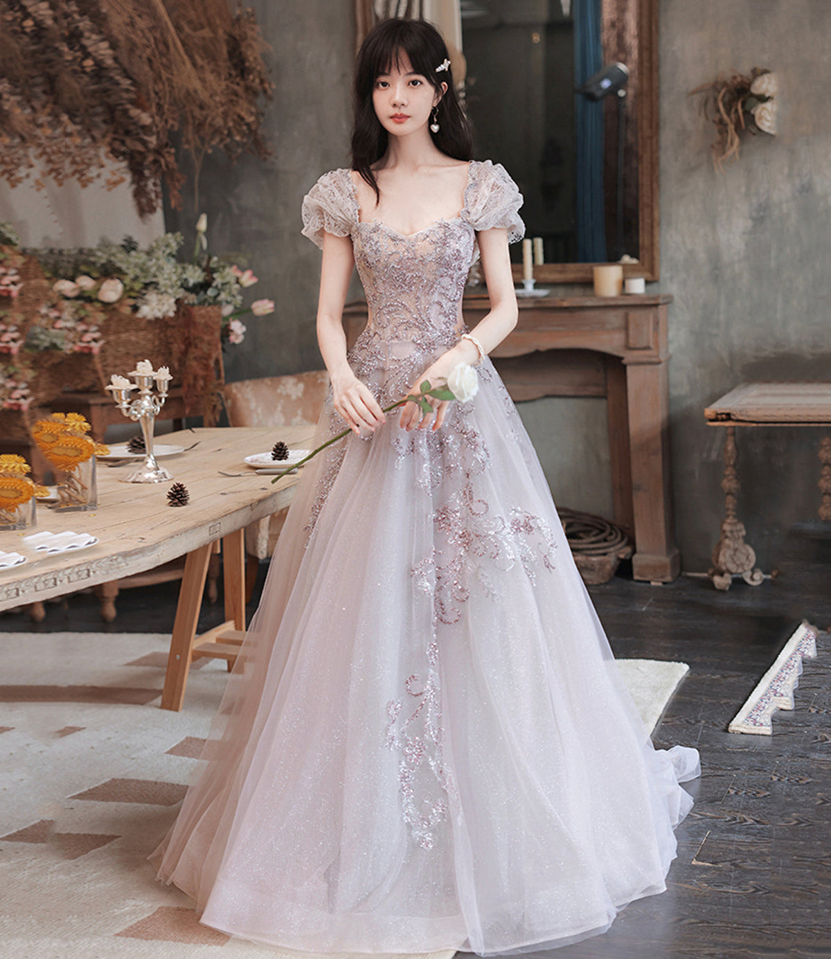 Cute tulle sequins long prom dress evening dress  10251