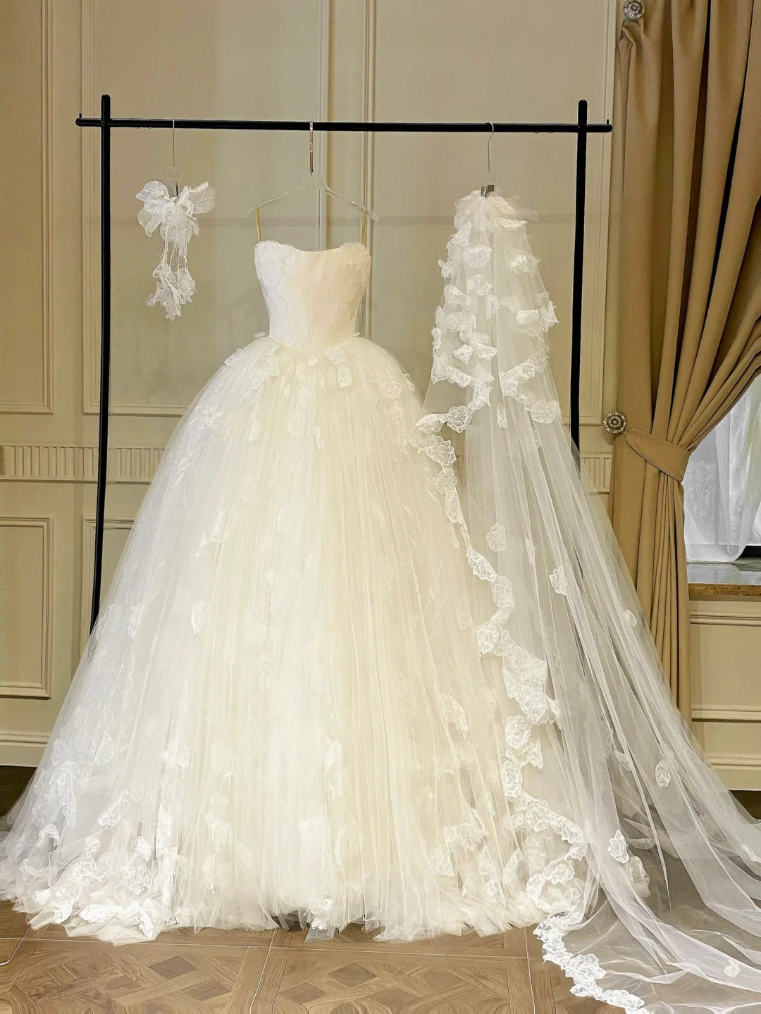 Girlhomeshops-White floral lace long elegant tulle wedding prom dress gh5436