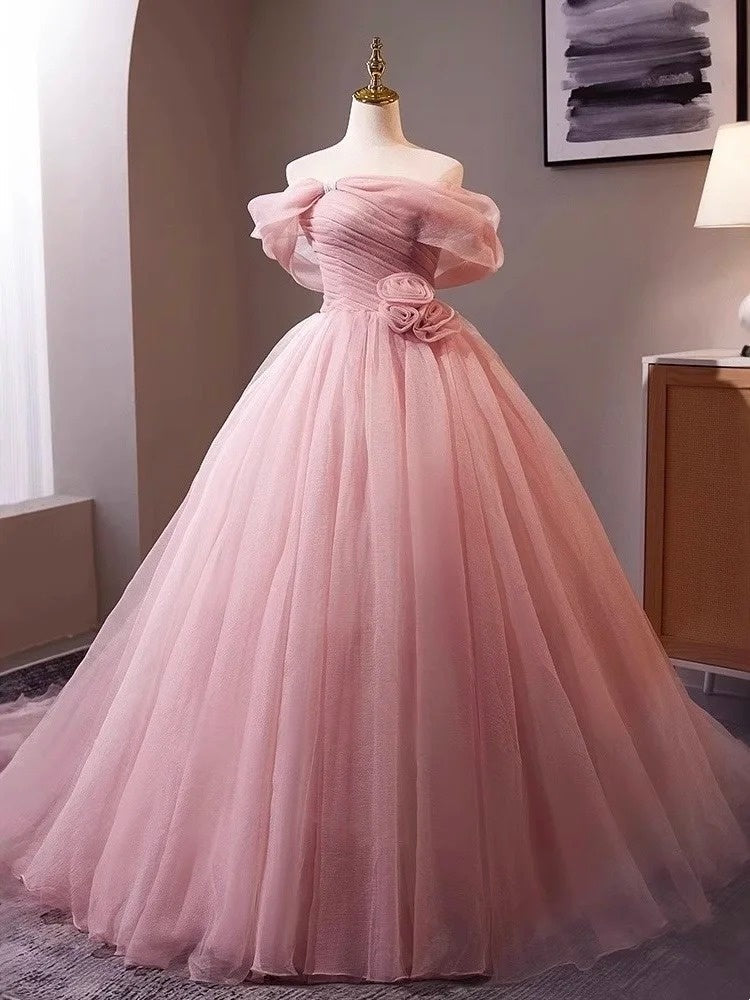 Pink Rose - Off-the-Shoulder 3D Floral Ball Gown, Tulle Train Princess Dress gh7071